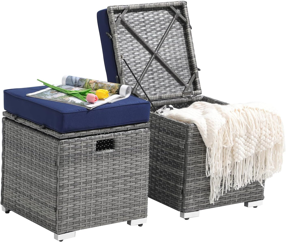 Patioslife Outdoor Ottoman with Storage – Grey PE Rattan Footrest with Thick Cushion for Patio or Pool