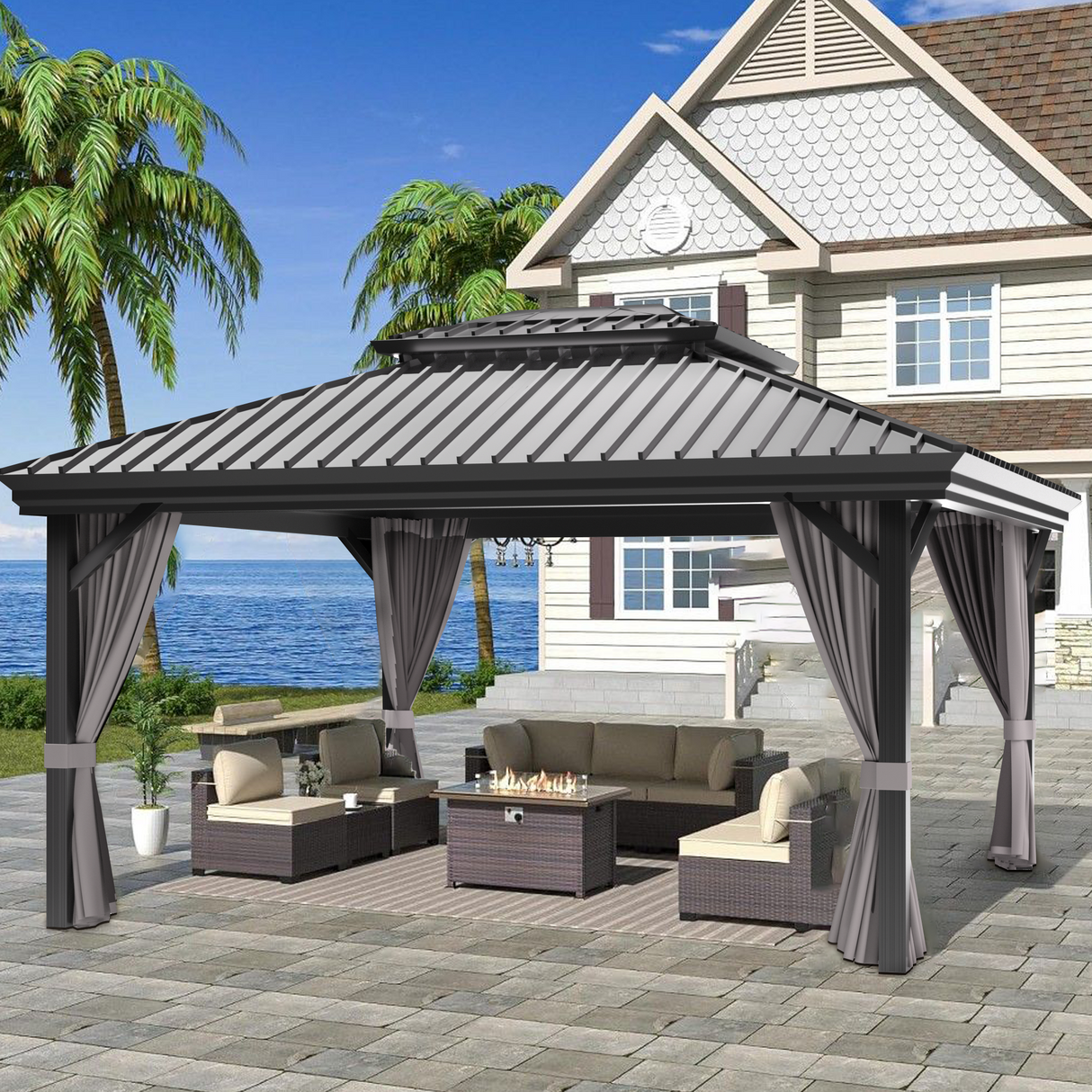 Patioslife Haven | 10' x 12' Grey Hardtop Pergola Gazebo, Aluminium Outdoor Structure with Double Vented Roof & Side Curtains