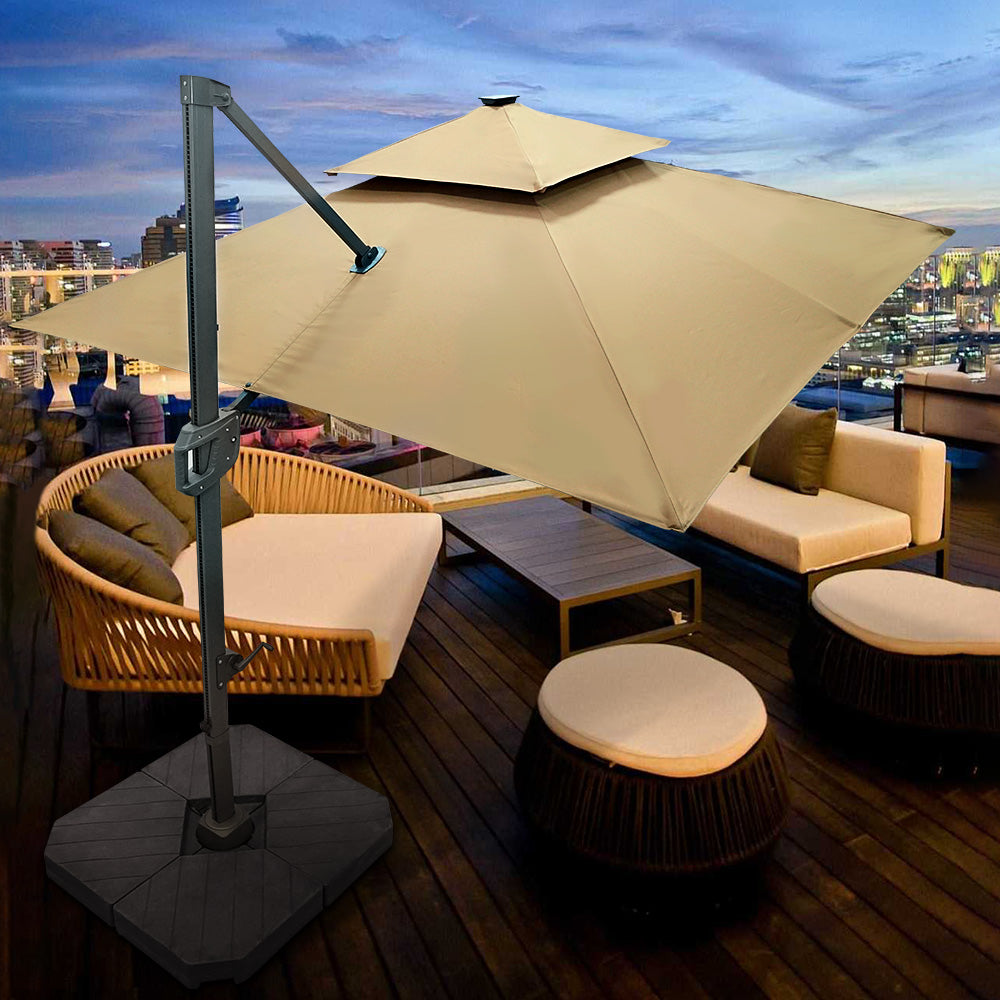 Patioslife LED Cantilever Umbrella Rectangular 2-Tier with Base and  Umbrella Cover