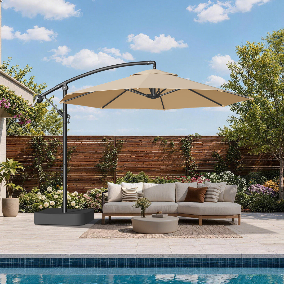 Patioslife 10ft Cantilever Patio Umbrella with Base – Heavy Duty Offset Outdoor Umbrella for Patio, Backyard, Deck & Poolside