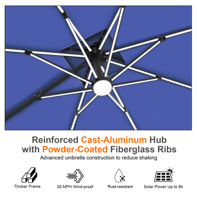 Patioslife Aegis Premium Cantilever Umbrella with Built-In LED Strip Lights and Reinforced Aluminum Ribs & Pole for Patios & Gardens