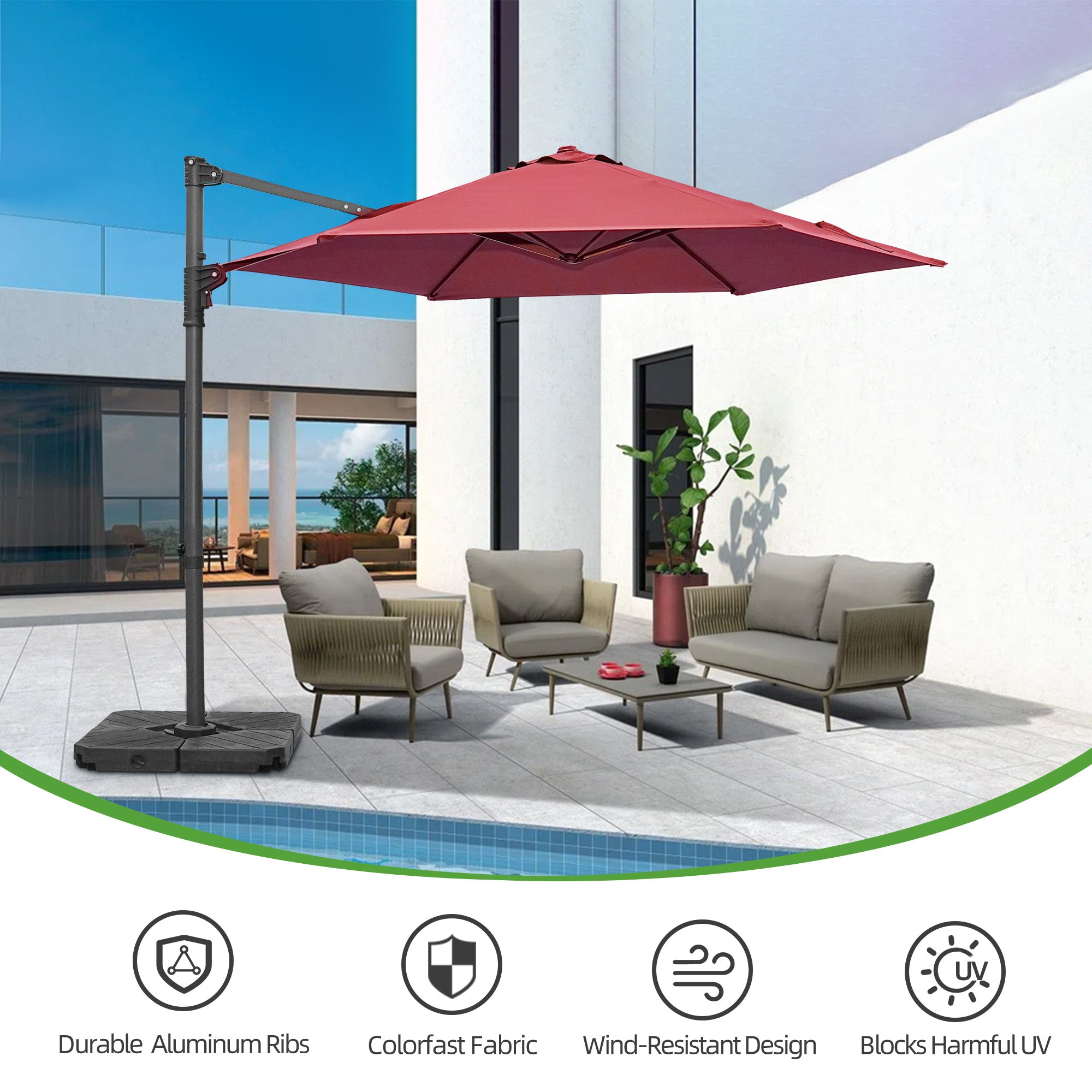 Patioslife Aegis Pro™ 10ft Round Cantilever Patio Umbrella with solar LED lights and Cover