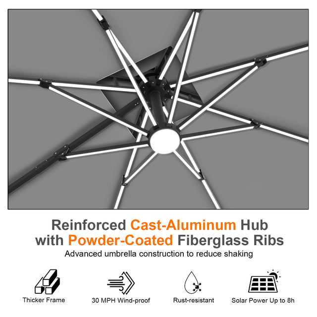 Patioslife Aegis Premium Cantilever Umbrella with Built-In LED Strip Lights and Reinforced Aluminum Ribs & Pole for Patios & Gardens