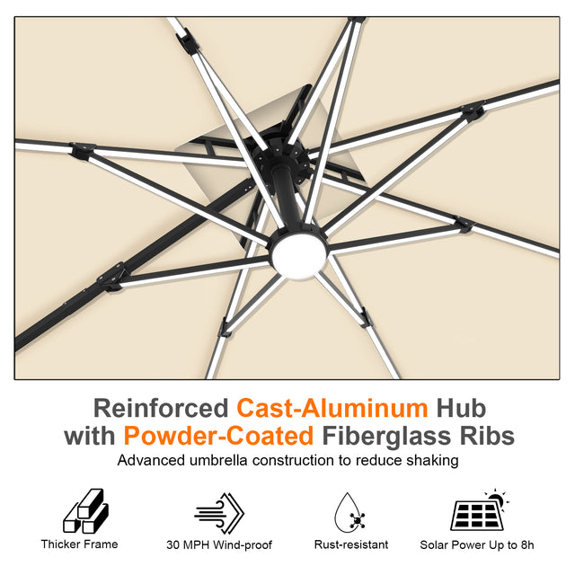 Patioslife Aegis Premium Cantilever Umbrella with Built-In LED Strip Lights and Reinforced Aluminum Ribs & Pole for Patios & Gardens