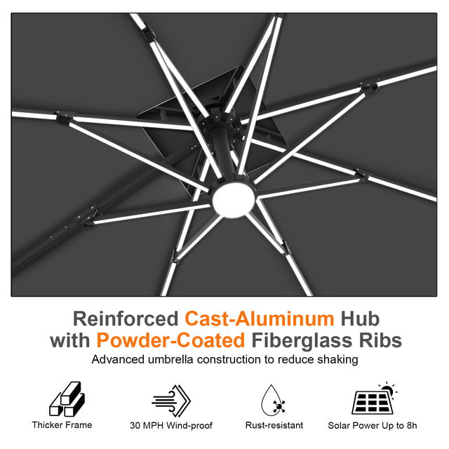 Patioslife Aegis Premium Cantilever Umbrella with Built-In LED Strip Lights and Reinforced Aluminum Ribs & Pole for Patios & Gardens