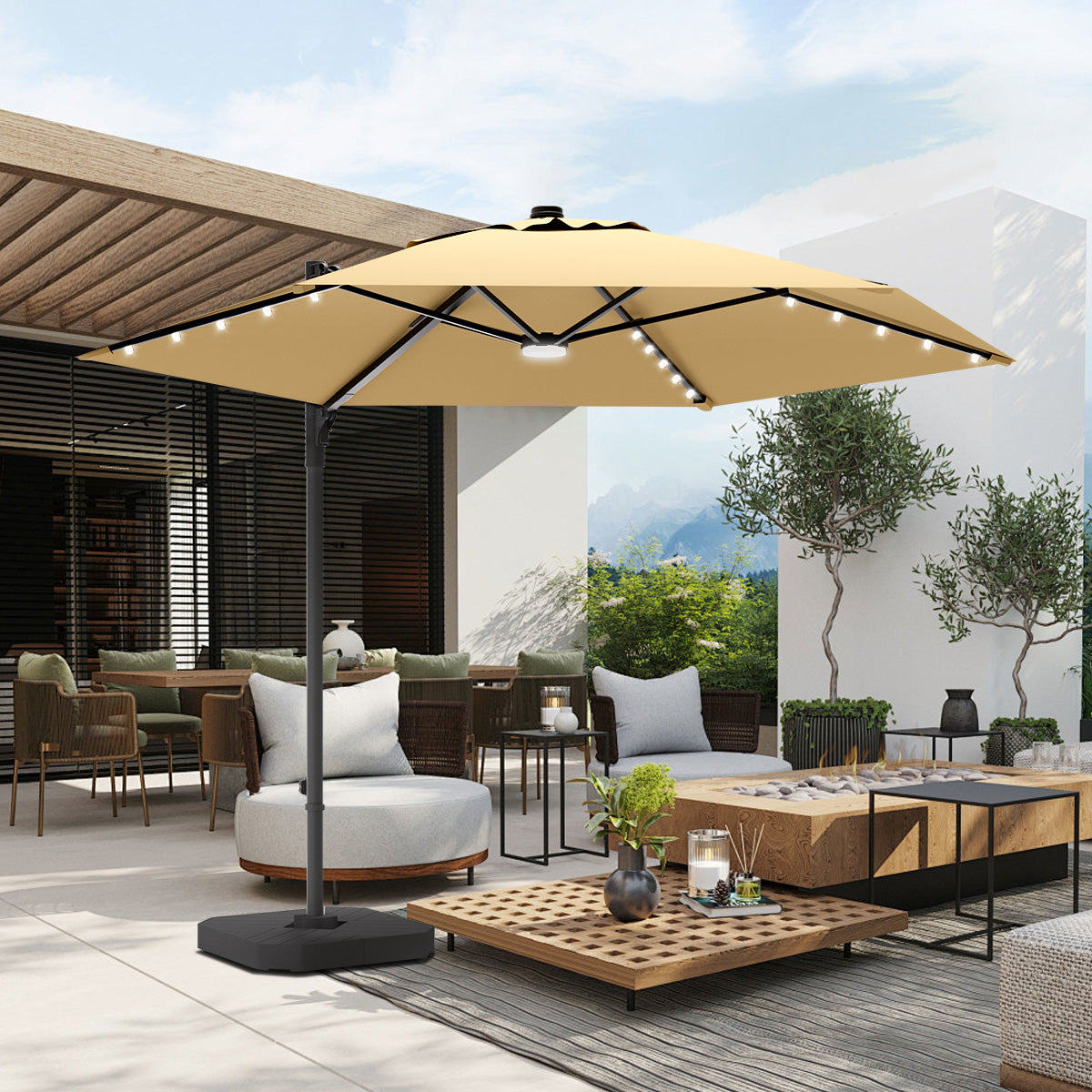 Patioslife Aegis Pro™ All-in-One Shade Round Cantilever Patio Umbrella with solar LED lights | Premium Cover | Large Base