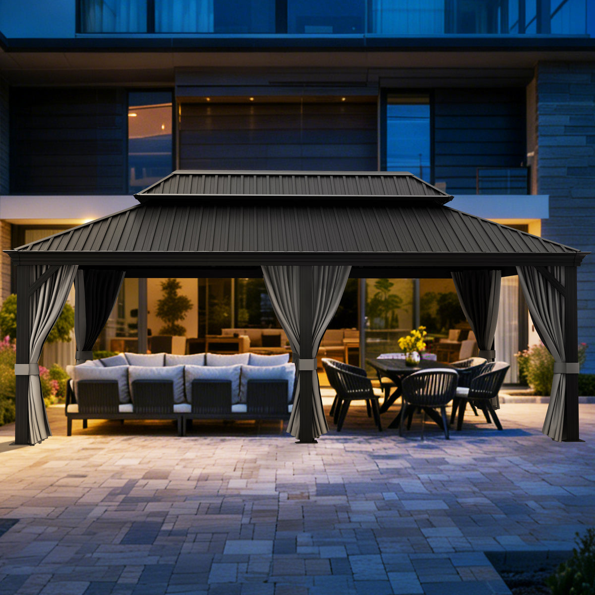 Patioslife Haven Luxury Hardtop Gazebo with 4.7” x 4.7” Reinforced Aluminum Posts, Built-In Drainage Gutters, Curtains & Netting for Patios & Backyards