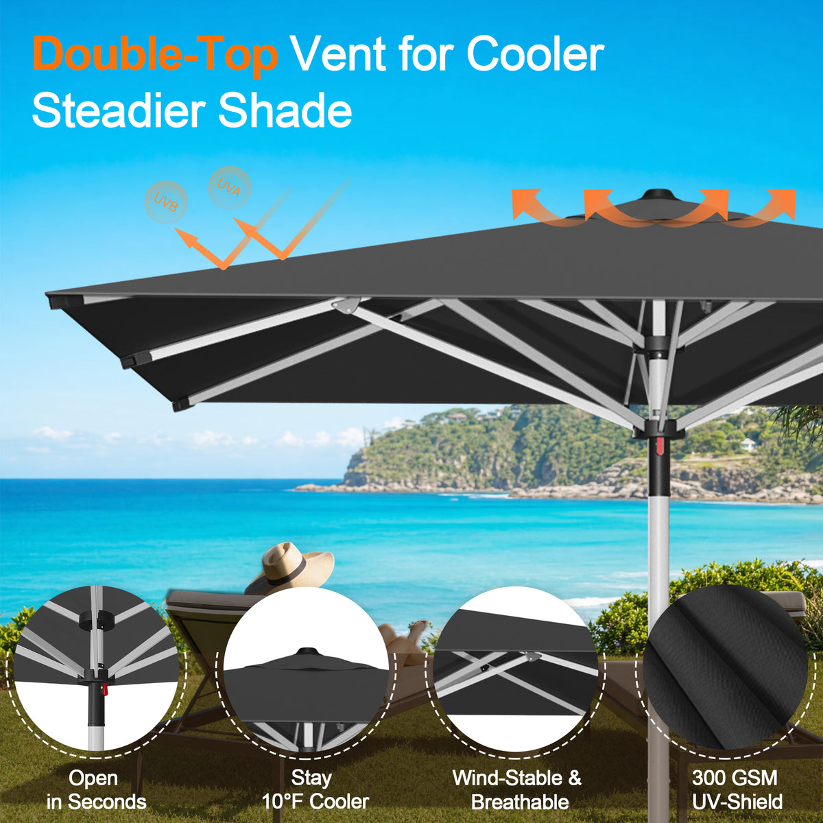Patioslife 9ft, 10ft & 11ft Patio Umbrella – Round & Square Heavy Duty Aluminum Outdoor Market Umbrella with Double Vented Canopy