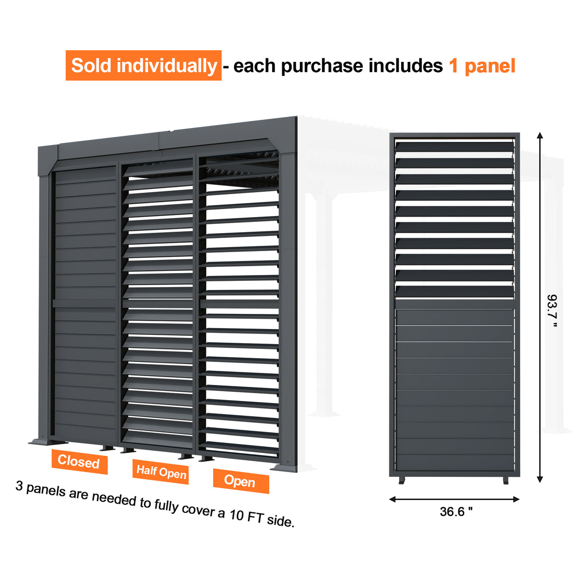 Patioslife Atlantic Series Aluminum Louvered Pergola Side Panel – Adjustable Louver Privacy Wall for Shade, Privacy & Airflow