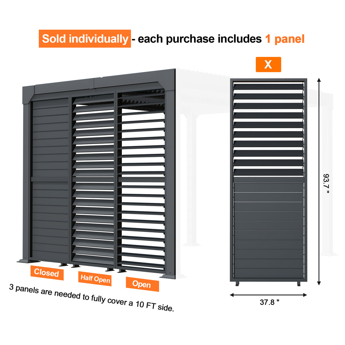 Patioslife Atlantic Series Aluminum Louvered Pergola Side Panel – Adjustable Louver Privacy Wall for Shade, Privacy & Airflow