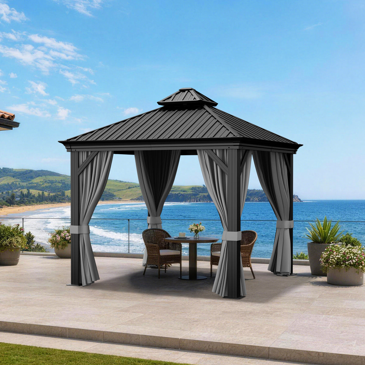 Patioslife Haven Luxury Hardtop Gazebo with 4.7” x 4.7” Reinforced Aluminum Posts, Built-In Drainage Gutters, Curtains & Netting for Patios & Backyards