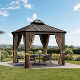Patioslife Haven Luxury Hardtop Gazebo with 4.7” x 4.7” Reinforced Aluminum Posts, Built-In Drainage Gutters, Curtains & Netting for Patios & Backyards