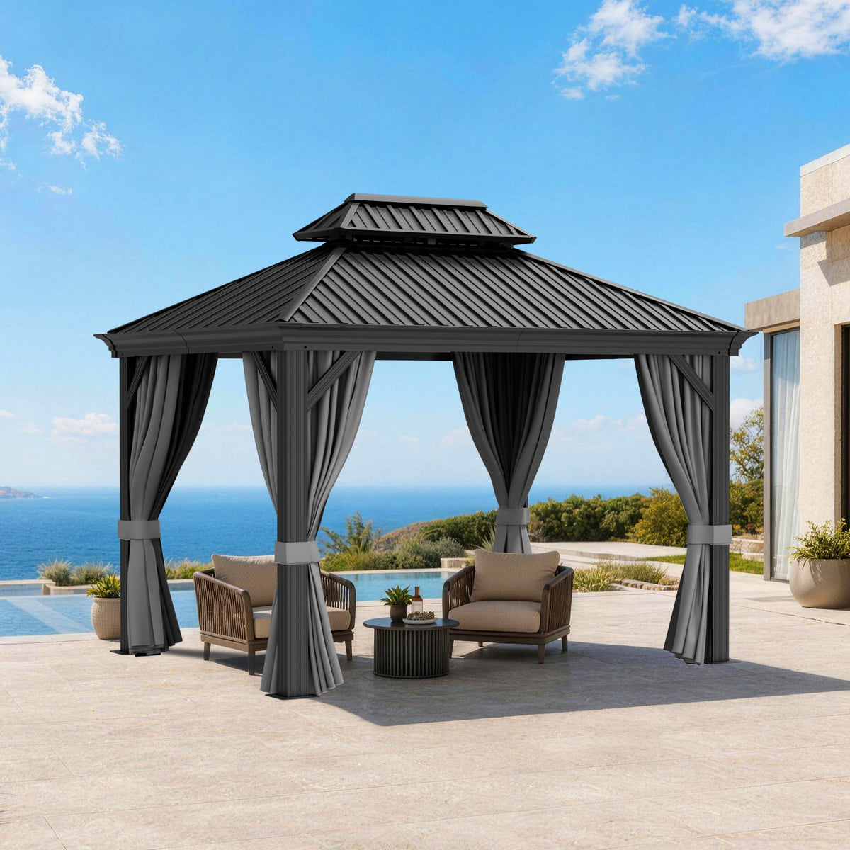 Patioslife Haven Luxury Hardtop Gazebo with 4.7” x 4.7” Reinforced Aluminum Posts, Built-In Drainage Gutters, Curtains & Netting for Patios & Backyards