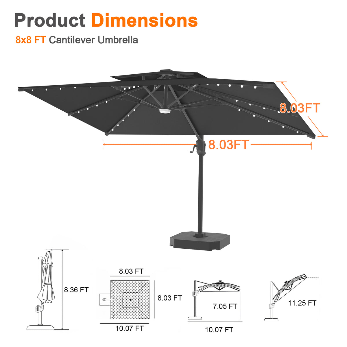 Patioslife Aegis Pro Cantilever Umbrella with Built-In LED Lights and Reinforced Aluminum Ribs and Pole for Patios & Gardens