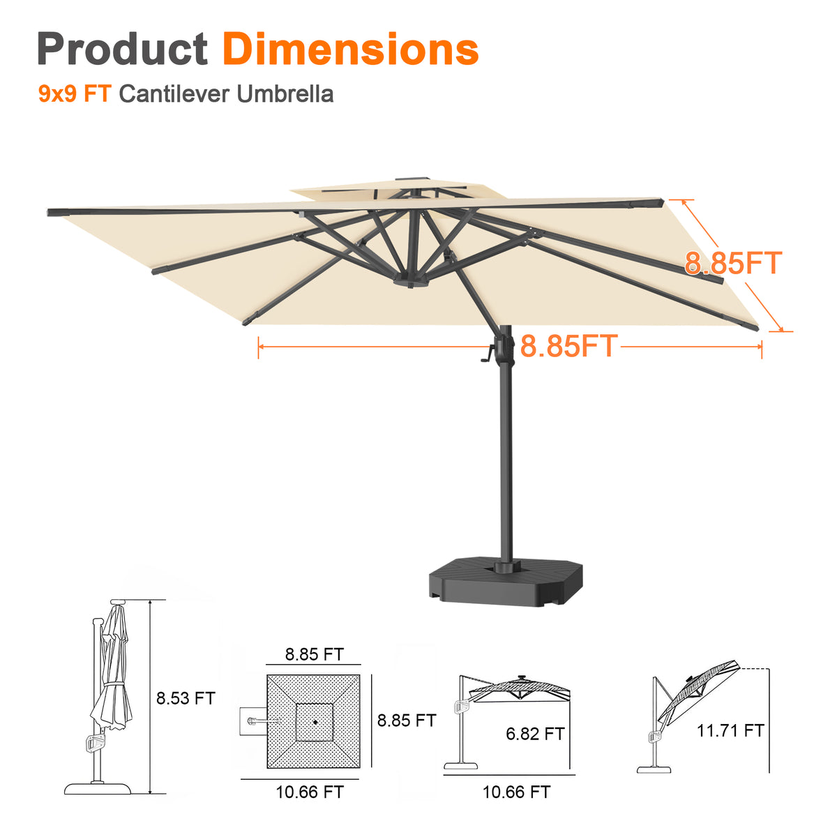 Patioslife Aegis Cantilever Umbrella with Reinforced Aluminum Ribs and Pole for Patios, Gardens & Decks
