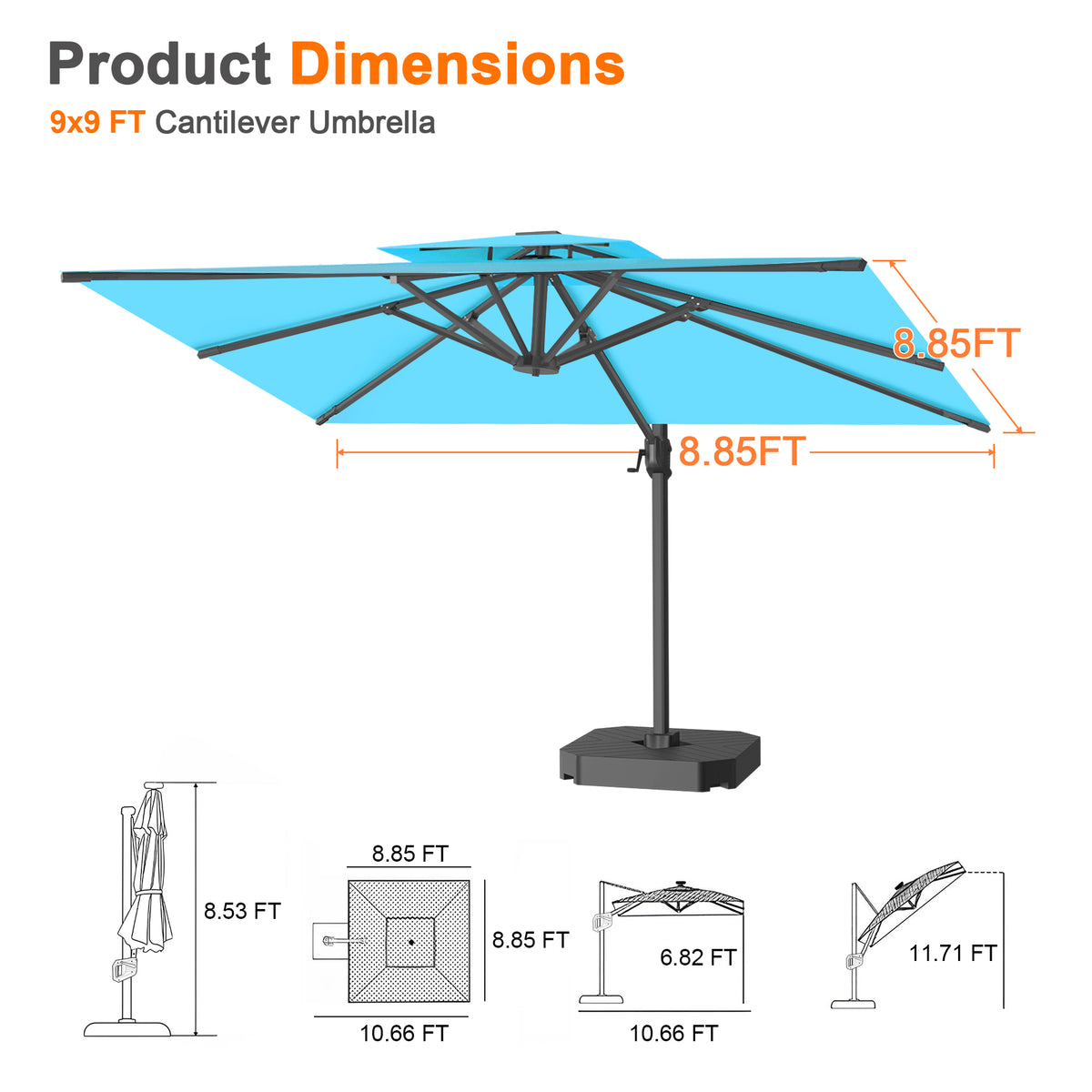 Patioslife Aegis Cantilever Umbrella with Reinforced Aluminum Ribs and Pole for Patios, Gardens & Decks