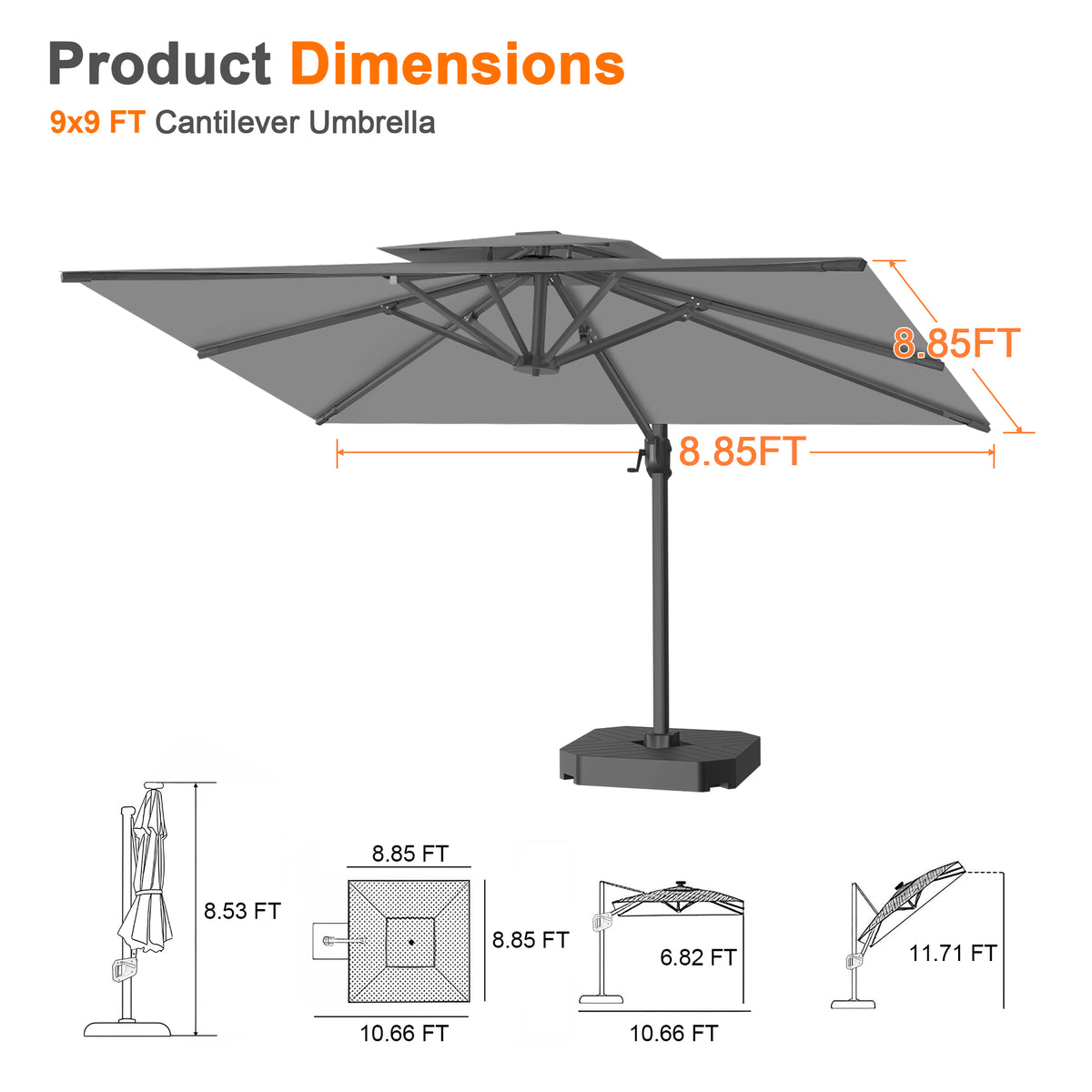 Patioslife Aegis Cantilever Umbrella with Reinforced Aluminum Ribs and Pole for Patios, Gardens & Decks