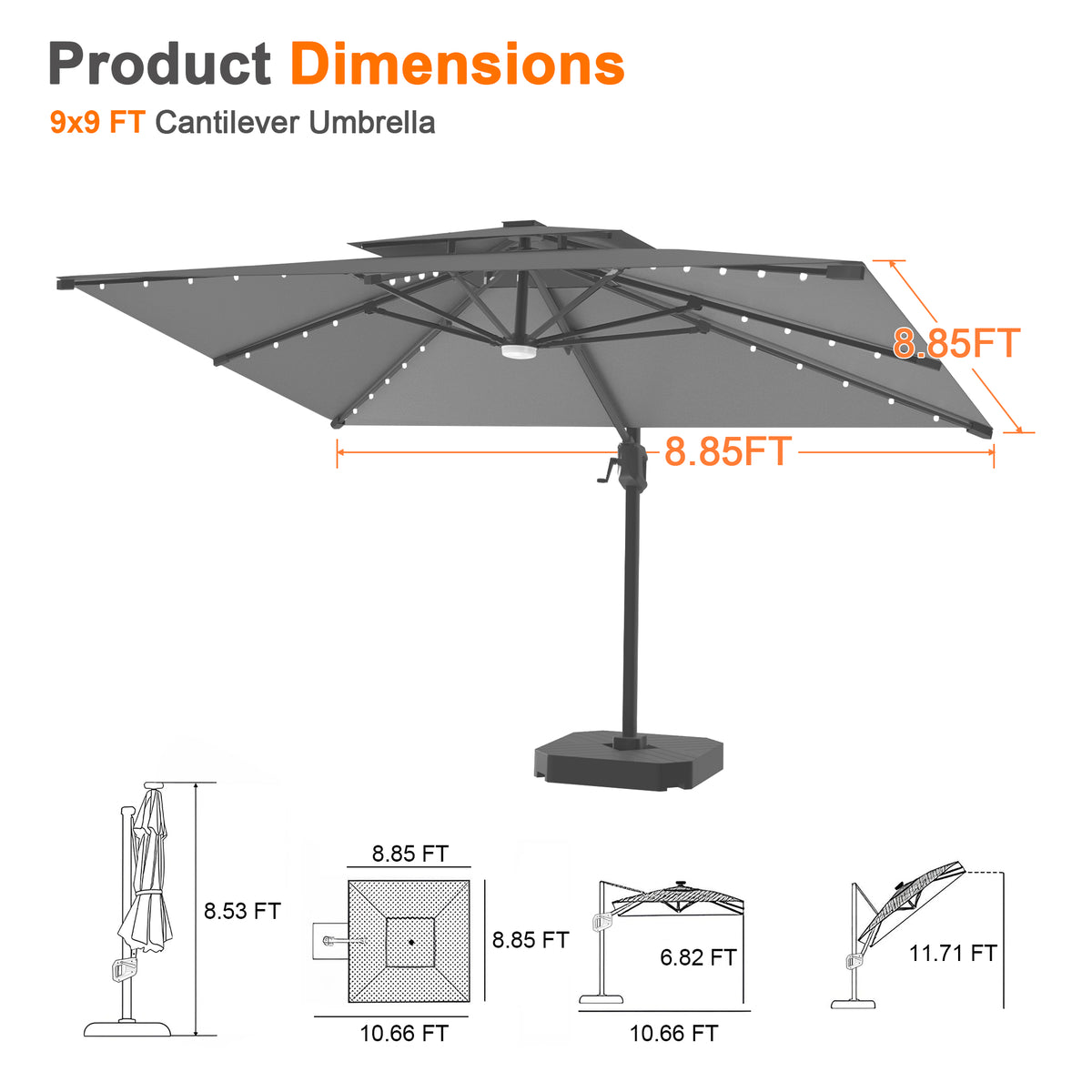 Patioslife Aegis Pro Cantilever Umbrella with Built-In LED Lights and Reinforced Aluminum Ribs and Pole for Patios & Gardens