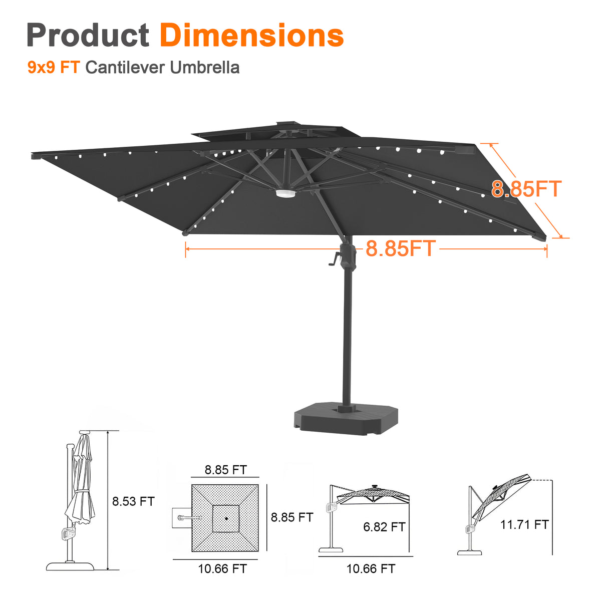 Patioslife Aegis Pro Cantilever Umbrella with Built-In LED Lights and Reinforced Aluminum Ribs and Pole for Patios & Gardens