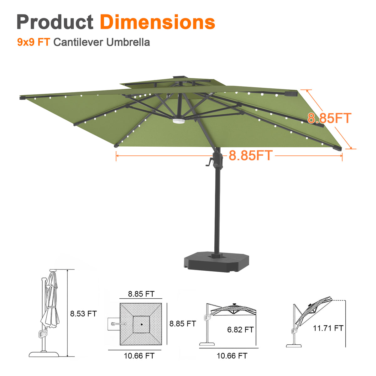 Patioslife Aegis Pro Cantilever Umbrella with Built-In LED Lights and Reinforced Aluminum Ribs and Pole for Patios & Gardens