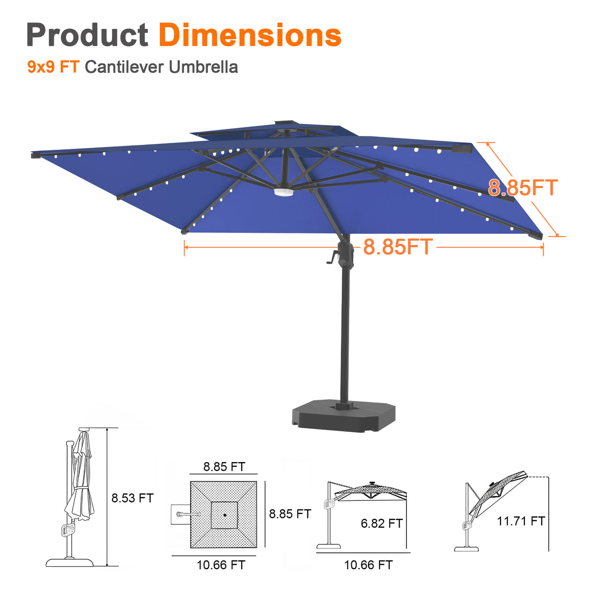 Patioslife Aegis Pro Cantilever Umbrella with Built-In LED Lights and Reinforced Aluminum Ribs and Pole for Patios & Gardens
