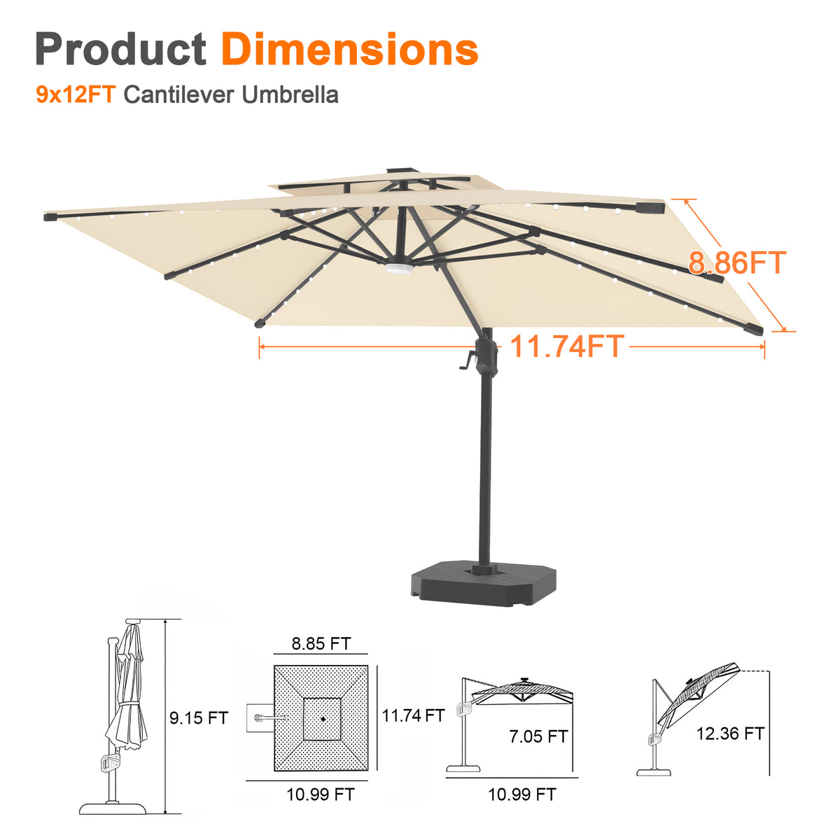 Patioslife Aegis Pro Cantilever Umbrella with Built-In LED Lights and Reinforced Aluminum Ribs and Pole for Patios & Gardens