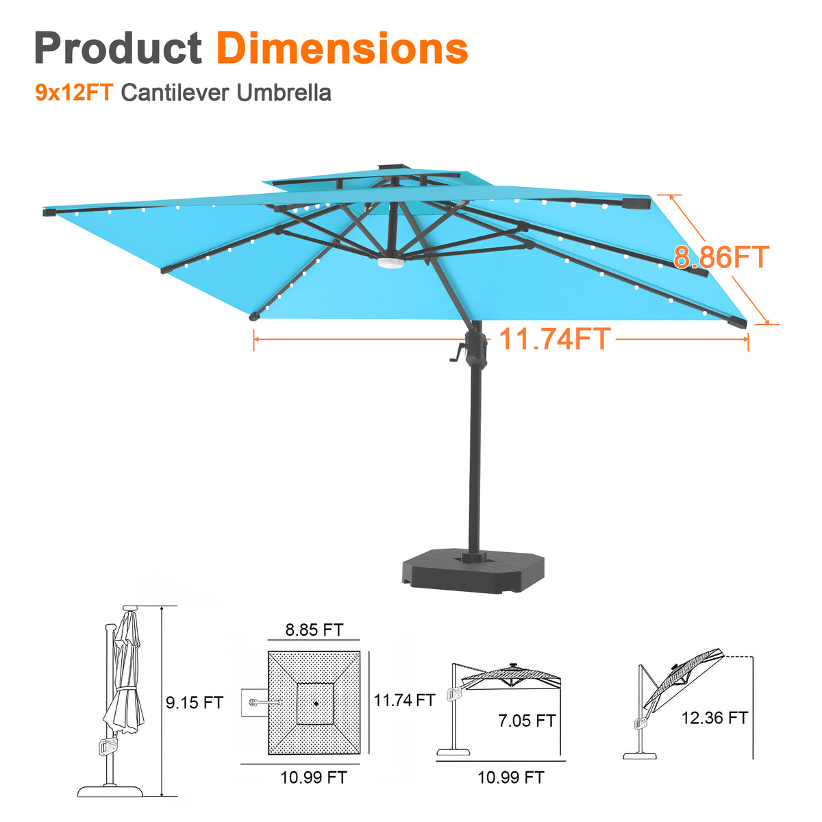 Patioslife Aegis Pro Cantilever Umbrella with Built-In LED Lights and Reinforced Aluminum Ribs and Pole for Patios & Gardens