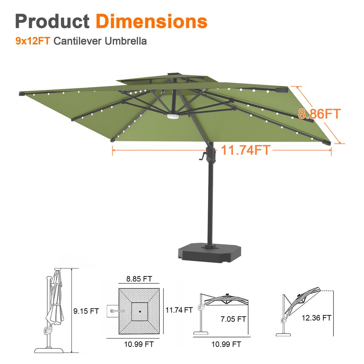 Patioslife Aegis Pro Cantilever Umbrella with Built-In LED Lights and Reinforced Aluminum Ribs and Pole for Patios & Gardens
