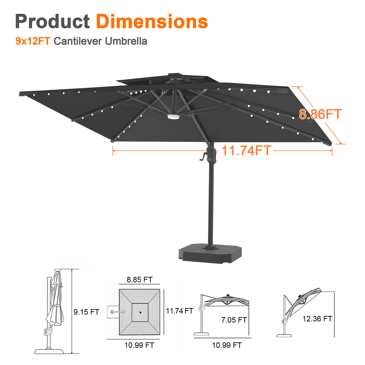 Patioslife Aegis Pro Cantilever Umbrella with Built-In LED Lights and Reinforced Aluminum Ribs and Pole for Patios & Gardens