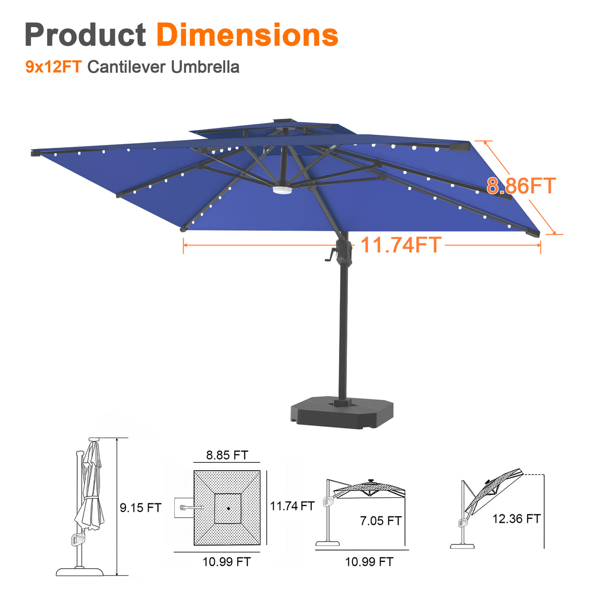 Patioslife Aegis Pro Cantilever Umbrella with Built-In LED Lights and Reinforced Aluminum Ribs and Pole for Patios & Gardens