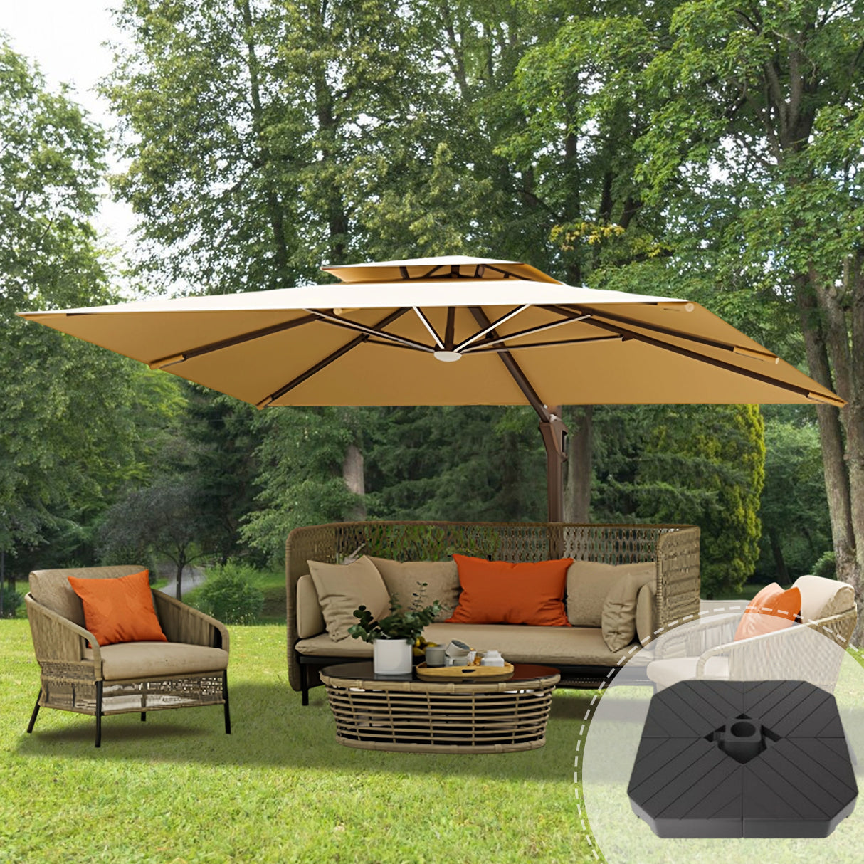Patioslife Aegis Pro™ Premium Heavy-Duty Cantilever Umbrella with LED Strip Lights & Cover – 360° Rotation, Double-Top, Wind-Resistant for Outdoor Living