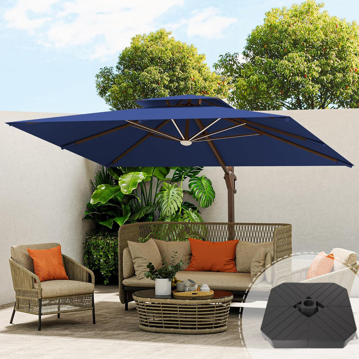 Patioslife Aegis Pro™ Premium Heavy-Duty Cantilever Umbrella with LED Strip Lights & Cover – 360° Rotation, Double-Top, Wind-Resistant for Outdoor Living