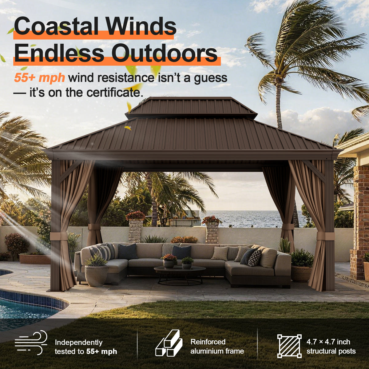 Patioslife Haven Luxury Hardtop Gazebo with 4.7” x 4.7” Reinforced Aluminum Posts, Built-In Drainage Gutters, Curtains & Netting for Patios & Backyards