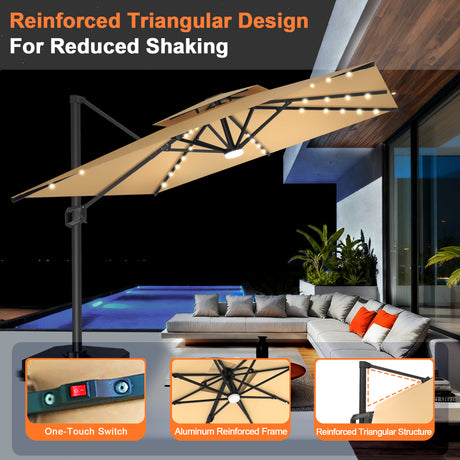 Patioslife Aegis Pro Cantilever Umbrella with Built-In LED Lights and Reinforced Aluminum Ribs and Pole for Patios & Gardens