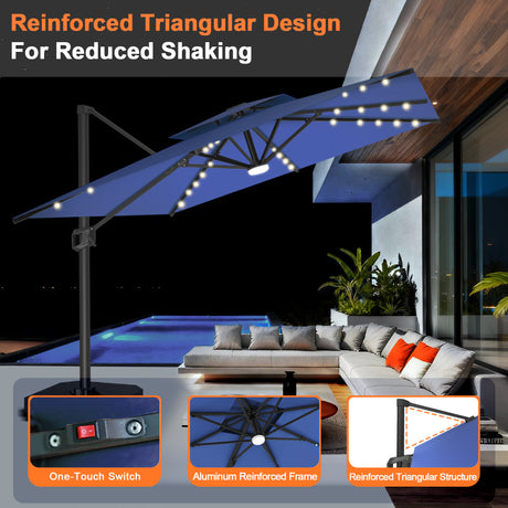 Patioslife Aegis Pro Cantilever Umbrella with Built-In LED Lights and Reinforced Aluminum Ribs and Pole for Patios & Gardens