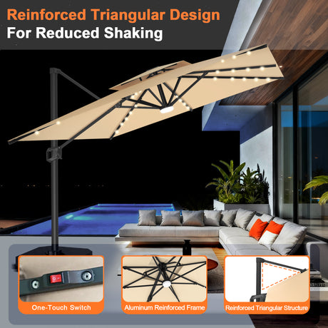 Patioslife Aegis Pro Cantilever Umbrella with Built-In LED Lights and Reinforced Aluminum Ribs and Pole for Patios & Gardens