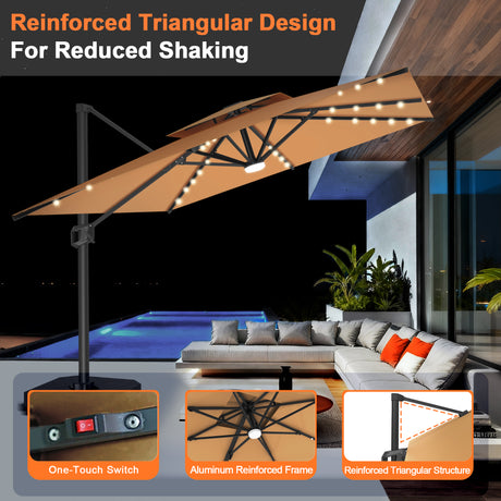 Patioslife Aegis Pro Cantilever Umbrella with Built-In LED Lights and Reinforced Aluminum Ribs and Pole for Patios & Gardens