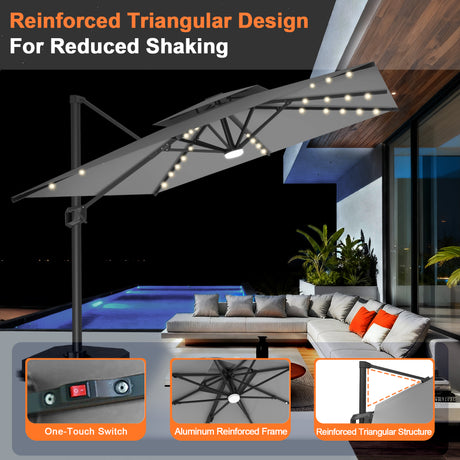 Patioslife Aegis Pro Cantilever Umbrella with Built-In LED Lights and Reinforced Aluminum Ribs and Pole for Patios & Gardens