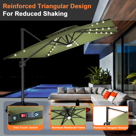 Patioslife Aegis Pro Cantilever Umbrella with Built-In LED Lights and Reinforced Aluminum Ribs and Pole for Patios & Gardens