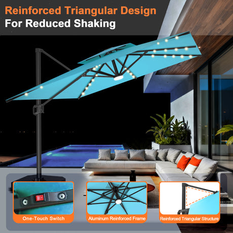 Patioslife Aegis Pro Cantilever Umbrella with Built-In LED Lights and Reinforced Aluminum Ribs and Pole for Patios & Gardens