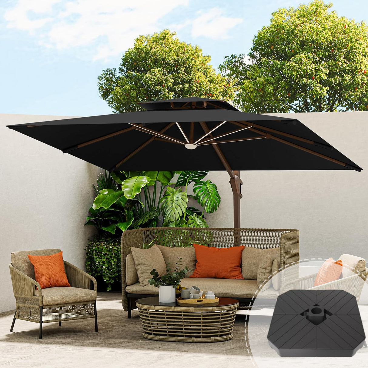 Patioslife Aegis Pro™ Premium Heavy-Duty Cantilever Umbrella with LED Strip Lights & Cover – 360° Rotation, Double-Top, Wind-Resistant for Outdoor Living