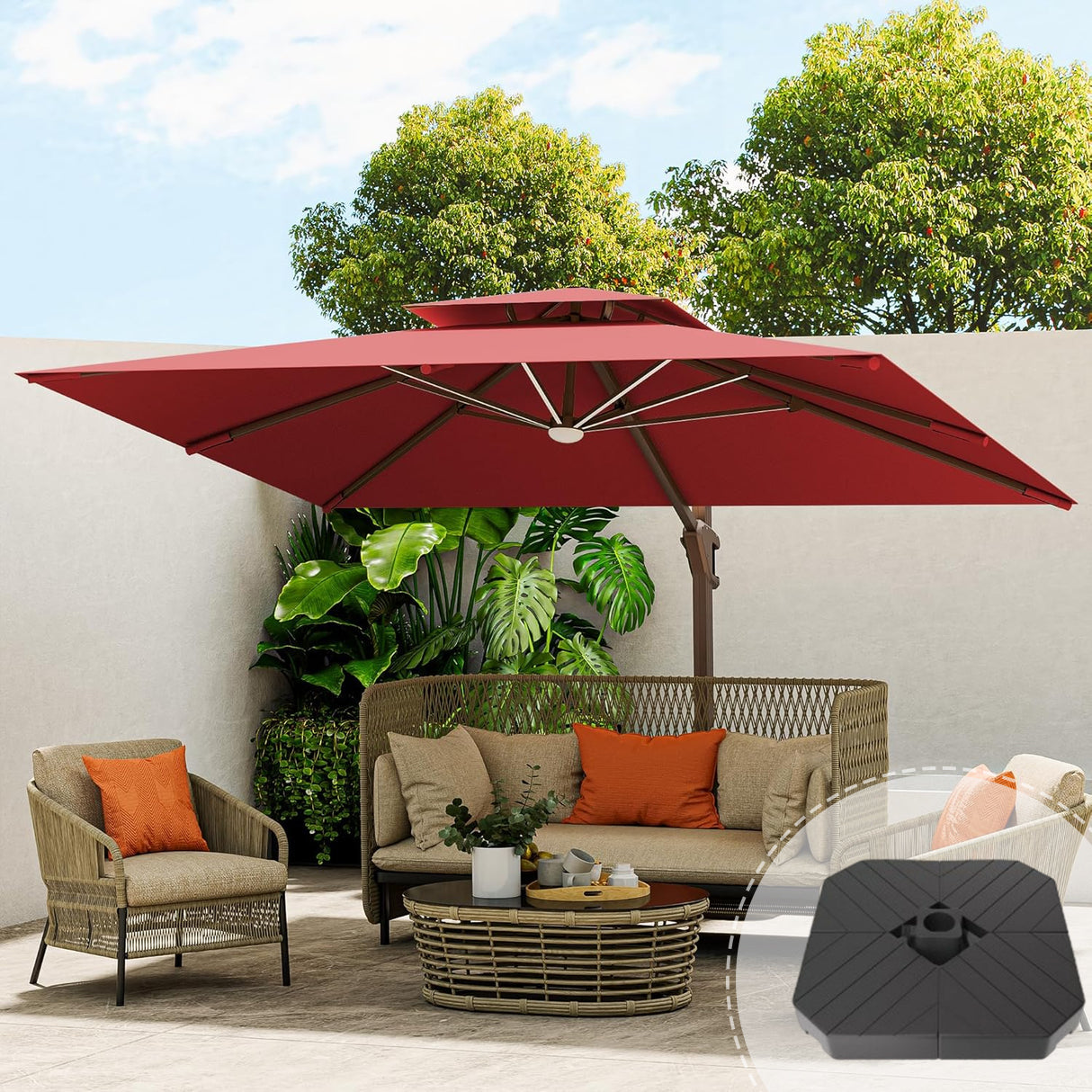 Patioslife Aegis Pro™ Premium Heavy-Duty Cantilever Umbrella with LED Strip Lights & Cover – 360° Rotation, Double-Top, Wind-Resistant for Outdoor Living