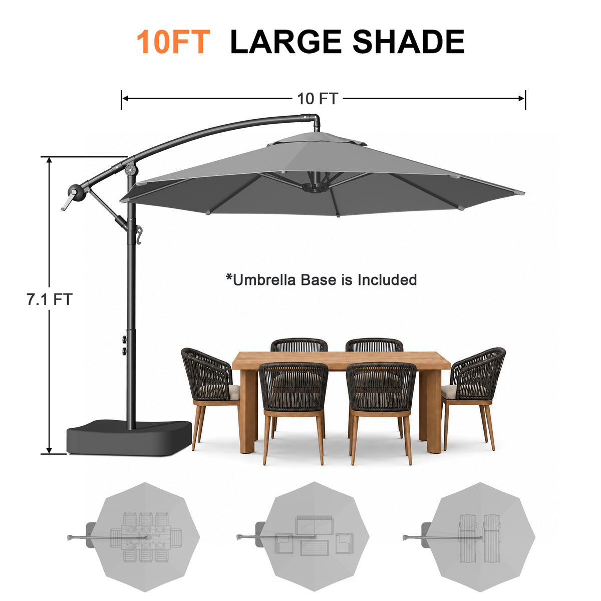 Patioslife 10ft Cantilever Patio Umbrella with Base – Heavy Duty Offset Outdoor Umbrella for Patio, Backyard, Deck & Poolside