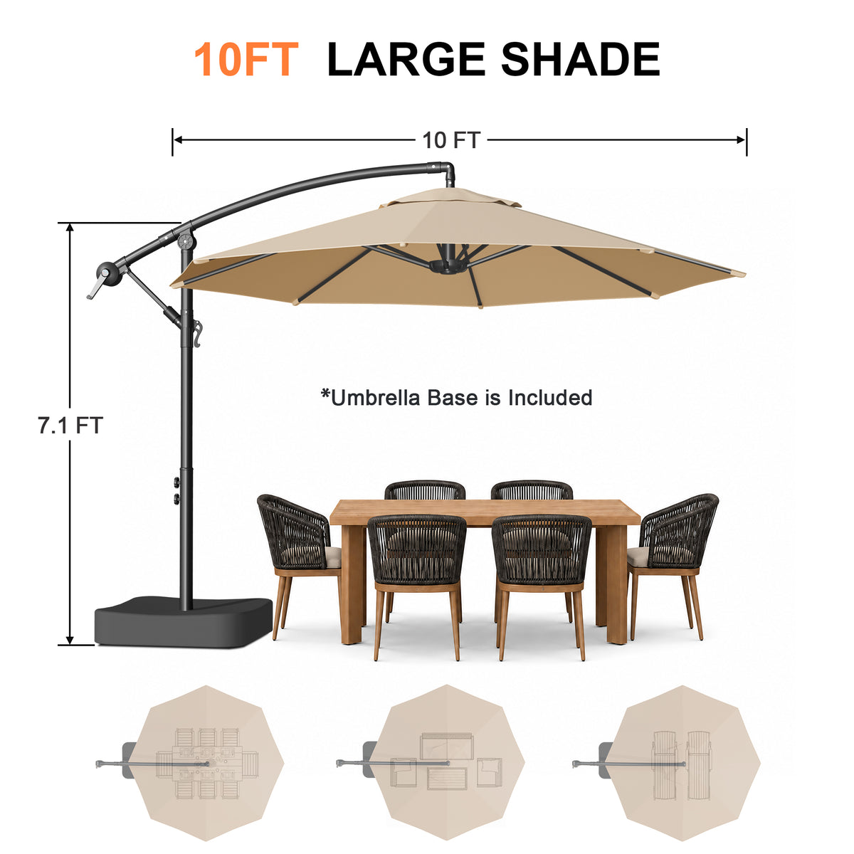 Patioslife 10ft Cantilever Patio Umbrella with Base – Heavy Duty Offset Outdoor Umbrella for Patio, Backyard, Deck & Poolside