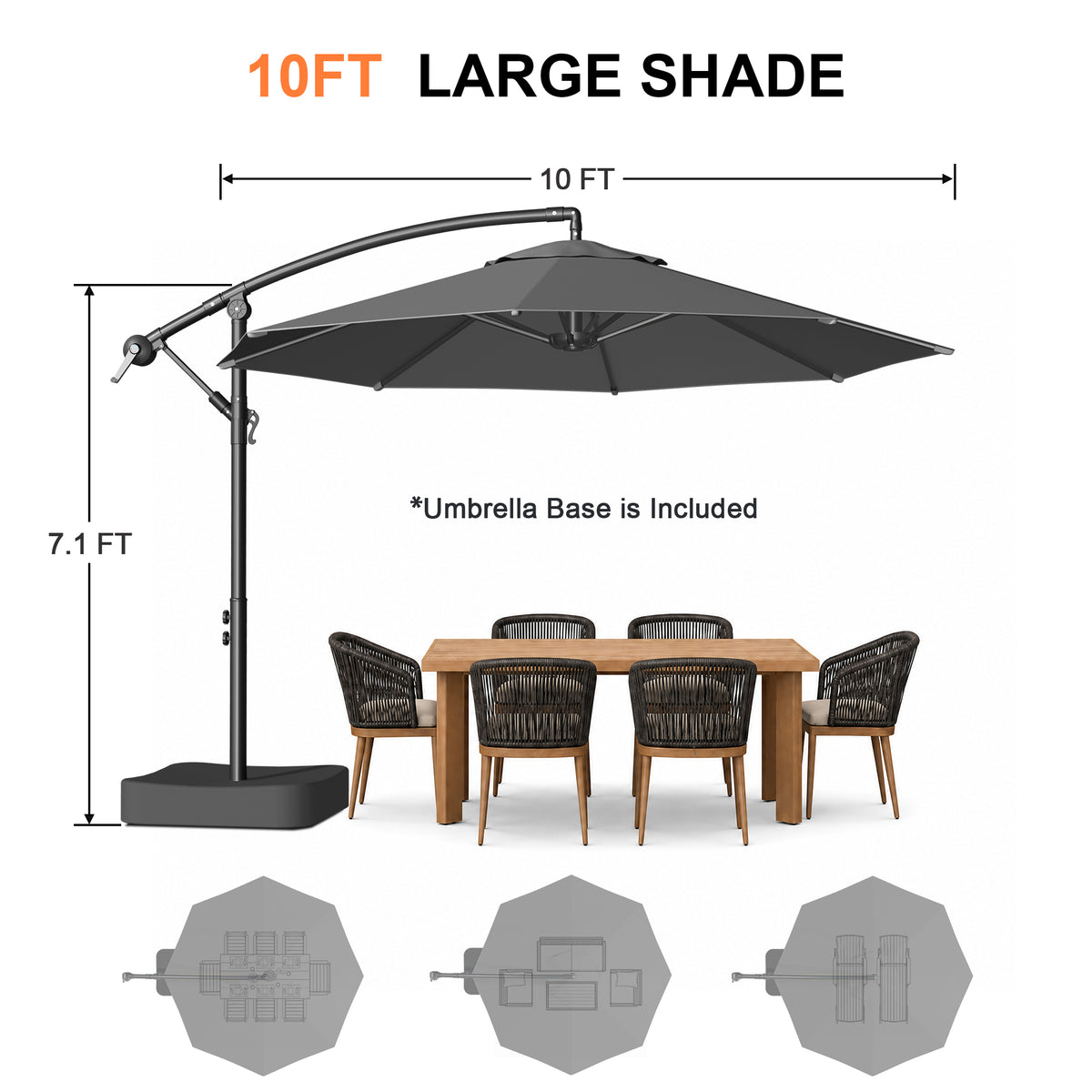 Patioslife 10ft Cantilever Patio Umbrella with Base – Heavy Duty Offset Outdoor Umbrella for Patio, Backyard, Deck & Poolside