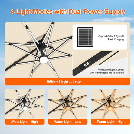 Patioslife Aegis Premium Cantilever Umbrella with Built-In LED Strip Lights and Reinforced Aluminum Ribs & Pole for Patios & Gardens