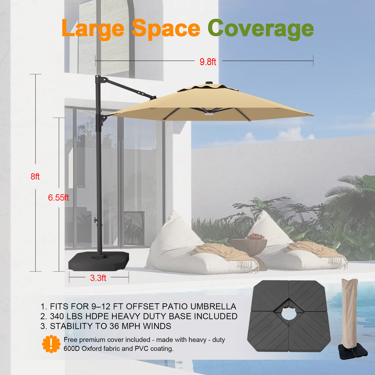 Patioslife Aegis Pro™ All-in-One Shade Round Cantilever Patio Umbrella with solar LED lights | Premium Cover | Large Base