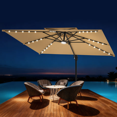 Patioslife Aegis Pro Cantilever Umbrella with Built-In LED Lights and Reinforced Aluminum Ribs and Pole for Patios & Gardens
