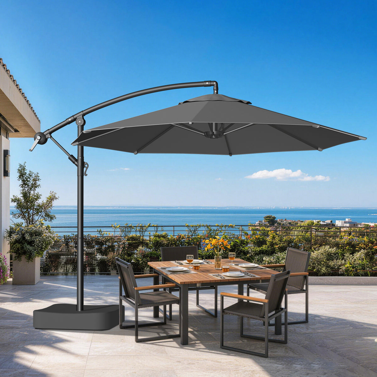 Patioslife 10ft Cantilever Patio Umbrella with Base – Heavy Duty Offset Outdoor Umbrella for Patio, Backyard, Deck & Poolside