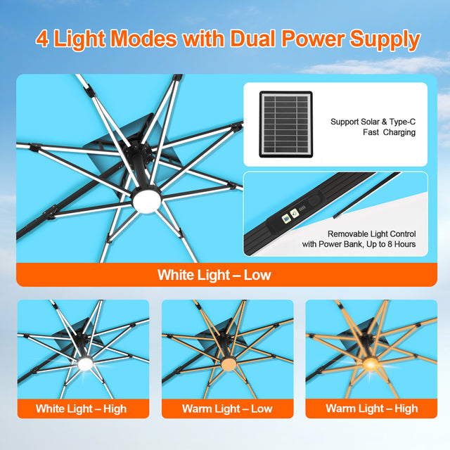 Patioslife Aegis Premium Cantilever Umbrella with Built-In LED Strip Lights and Reinforced Aluminum Ribs & Pole for Patios & Gardens